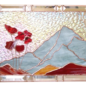 Mountain Poppies Stained Glass Panel, Window Panel Custom Stained Glass image 1