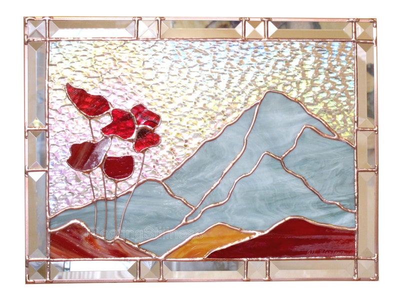Mountain Poppies Stained Glass Panel, Window Panel Custom Stained Glass image 1