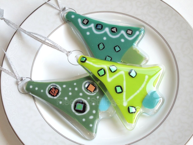Set of 3 Christmas Tree Ornaments Fused Glass Party Favor image 1