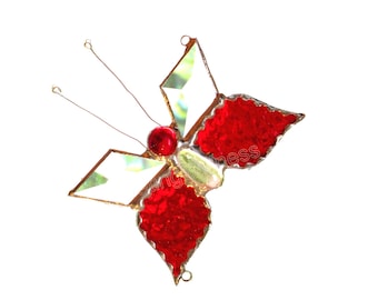 Red Stained Glass Suncatcher Gift, Butterfly Window Hanging Gift