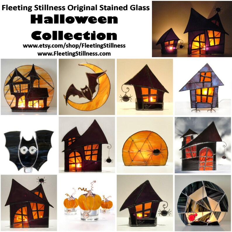 May include: A collection of stained glass Halloween decorations, including houses, bats, and pumpkins. The decorations are illuminated from within, creating a warm glow. The decorations are all hand-crafted and feature intricate details.  www.etsy.com/shop/FleetingStillness www.FleetingStillness.com