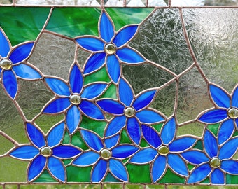 Blue Clematis Stained Glass Window Panel: Large Horizontal Blue Floral Art Custom Size