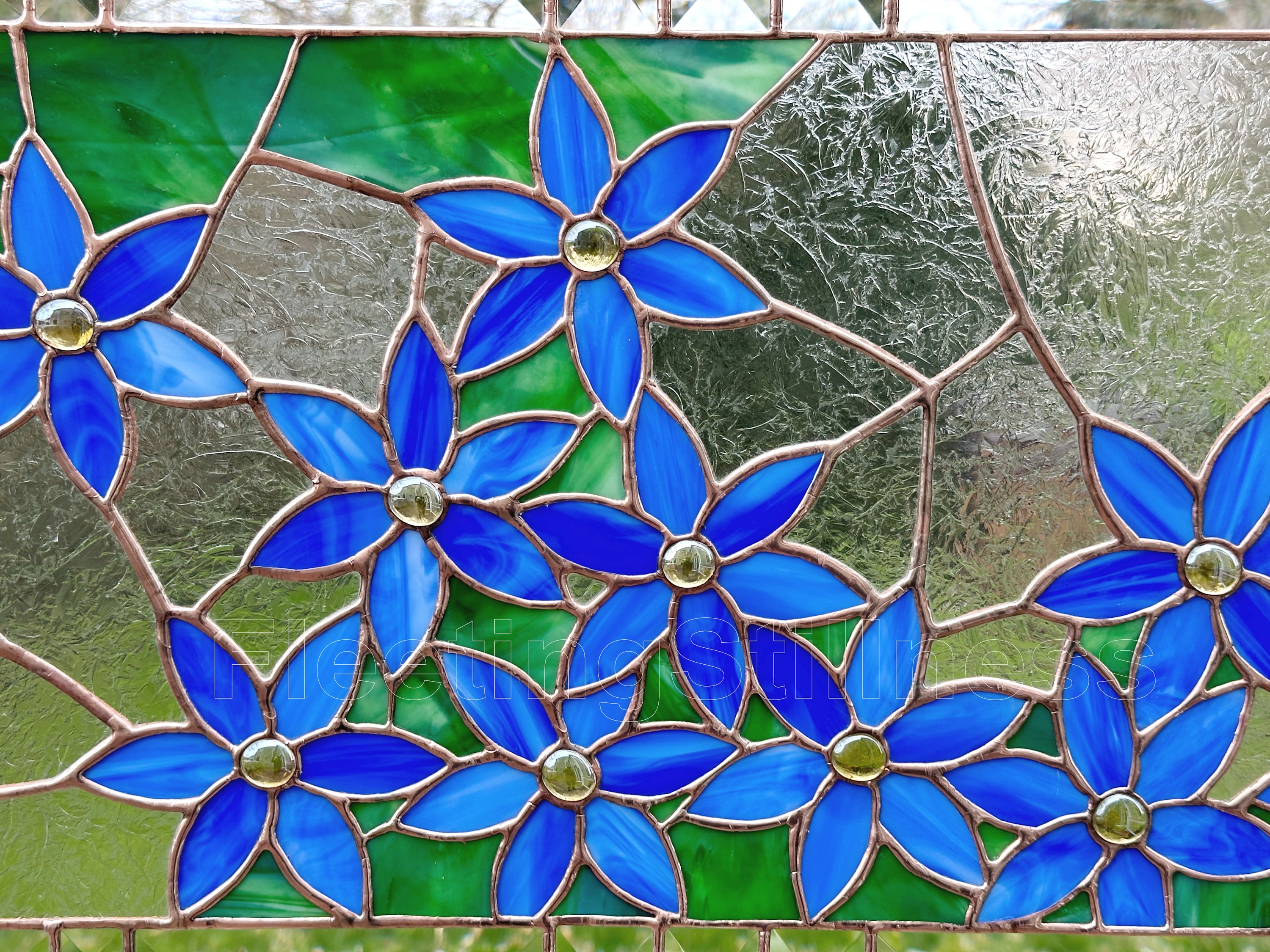 Blue Clematis Stained Glass Window Panel: Large Horizontal Blue