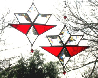 Red Stained Glass Suncatcher Beveled Star Christmas Window Hanging Sun Catcher