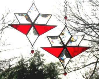 Red Stained Glass Suncatcher, Beveled Glass Star, Christmas Window Hanging