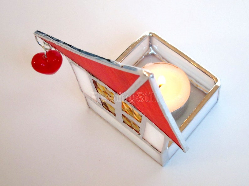 Votive Candle Holder Stained Glass Red Roof Cottage Etsy