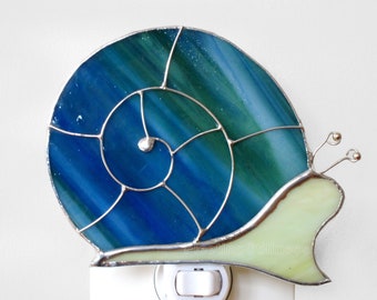 Snail Night Light, Blue Green Nursery Nightlight Stained Glass