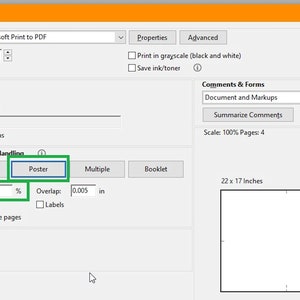 May include: A screenshot of a print dialog box with options for printing a document as a poster. The dialog box shows options for tile scale, overlap, cut marks, labels, and orientation. The tile scale is set to 100% and the overlap is set to 0.005 inches.