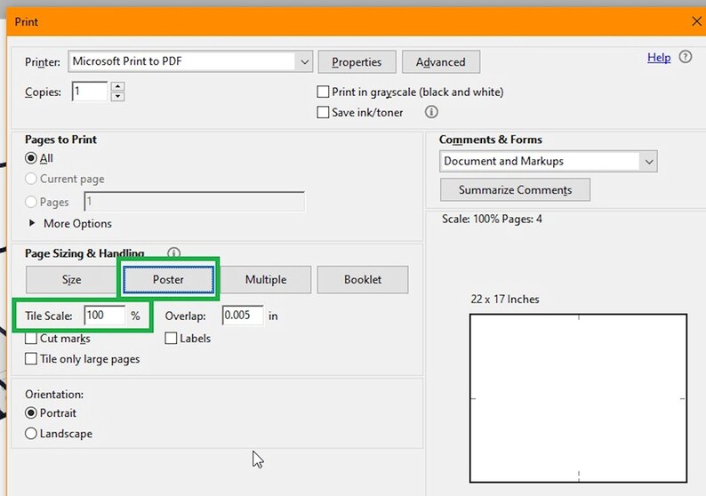 May include: A screenshot of a print dialog box with options for printing a document as a poster. The dialog box shows options for tile scale, overlap, cut marks, labels, and orientation. The tile scale is set to 100% and the overlap is set to 0.005 inches.