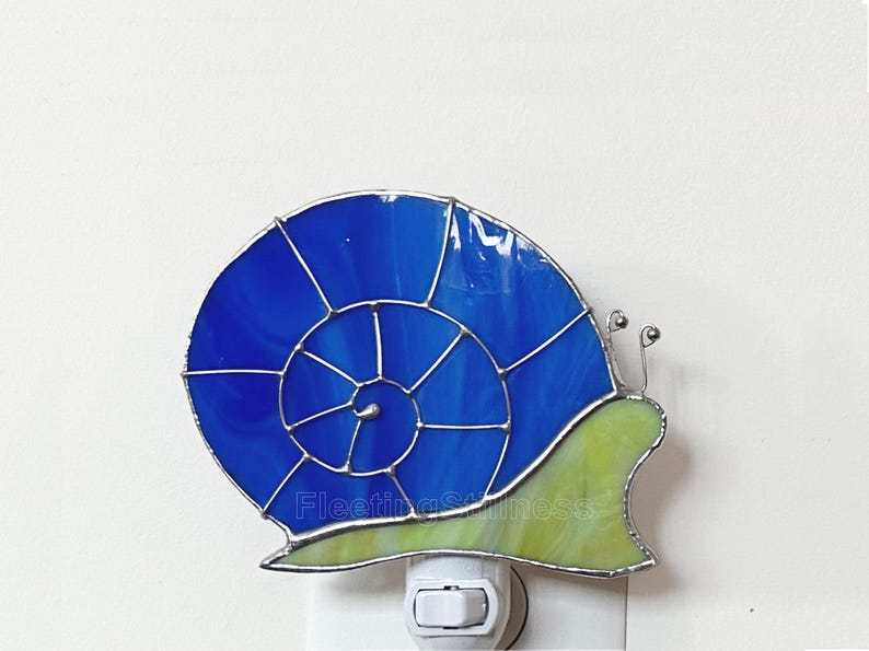 Snail Night Light, Blue Green Nursery Nightlight Stained Glass Bright Blue