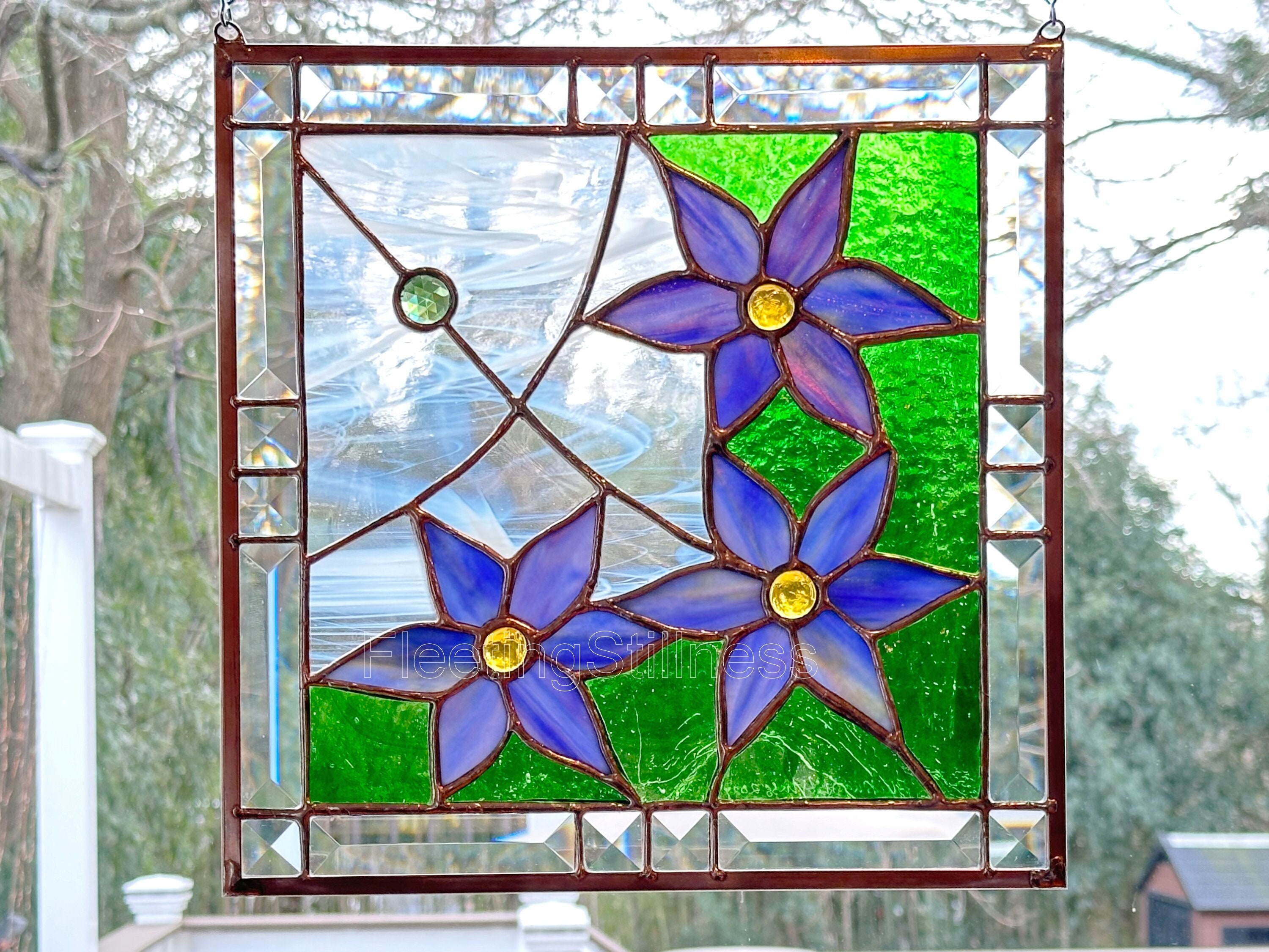 Blue Clematis Beveled Glass Stained Glass Window Hanging Gift MADE
