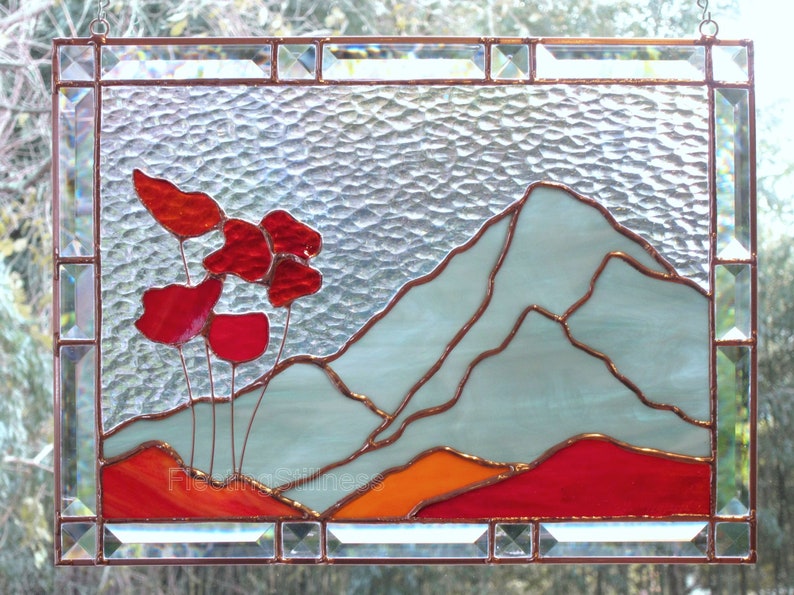 Mountain Poppies Stained Glass Panel, Window Panel Custom Stained Glass image 3