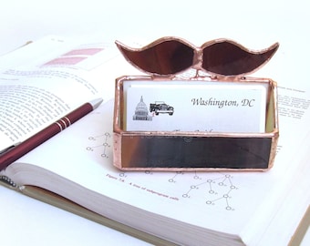 Business Card Holder Stained Glass Mustache for Him Office