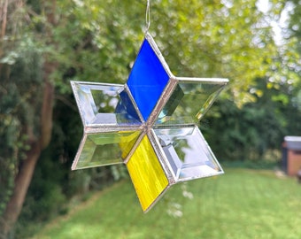 3D Star Sun Catcher Glass Spinner Ukrainian Flag Stained Glass Gift