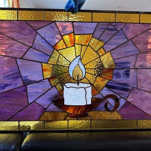 Burning Candle Stained Glass Panel Candlelight Faith Believe Custom Window 21x33" yellow