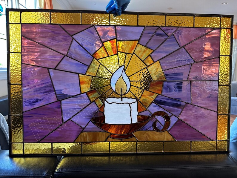 Burning Candle Stained Glass Panel Candlelight Faith Believe Custom Window 21x33" yellow