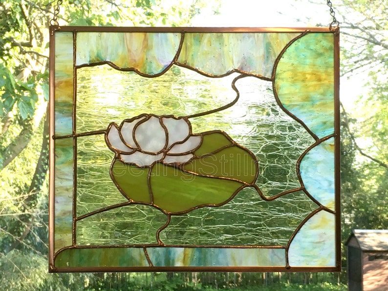 Lily Pond Stained Glass Panel Lotus Flower Etsy