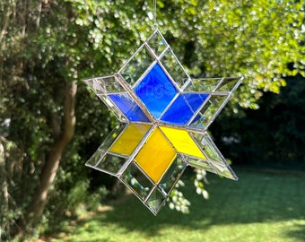 3D Glass Spinner Star Sun Catcher Ukrainian Flag Stained Glass Bevels