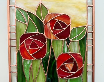 Red Roses Stained Glass Panel Flowers Unique Gift