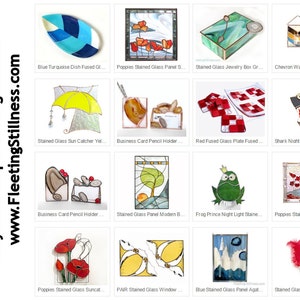 May include: A collection of stained glass art pieces, including a suncatcher, a night light, a panel, a window, a plate, a jewellery box, a dish, a pencil holder, and a wall pocket candle. The pieces feature various designs, including poppies, a frog, a shark, a chevron pattern, and a modern design.