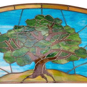 May include: A stained glass window depicting a stylized tree with brown branches and green leaves against a blue sky background.