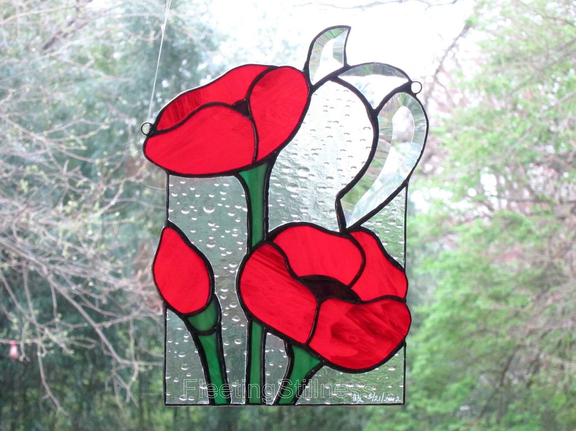 Poppies Stained Glass Suncatcher Panel Red Poppy Window Etsy