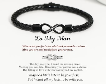 To My Man, gepersonaliseerde namen leren Infinity-armband, aangepaste leren armband, verjaardagscadeau van vrouw, cadeau voor hem, herencadeau