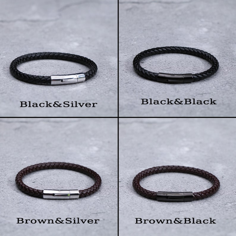 Puede incluir: Cuatro pulseras de cuero con diferentes combinaciones de colores. Las pulseras son negras y plateadas, negras y negras, marrones y plateadas, y marrones y negras.