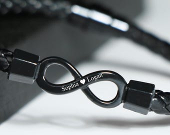 Personalisiertes Infinity Armband, Jubiläumsgeschenke für ihn, personalisiertes Armband für ihn, Geburtstagsgeschenk, Leder und Stahl Armband, Geschenk für Freund