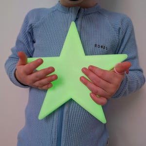 Può includere: Un bambino in una tutina blu a nido d'ape tiene in mano una grande stella verde chiaro. La tutina ha una cerniera sul davanti e la scritta "BONDS" stampata sul petto. La stella è di forma piena a cinque punte.