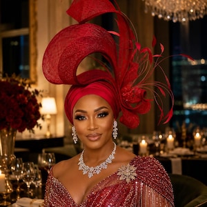 May include: A deep red fascinator hat featuring large, structured loops and delicate feather accents, paired with a matching red head wrap. The ensemble is complemented by a silver-toned necklace with floral-shaped crystals and a matching brooch.