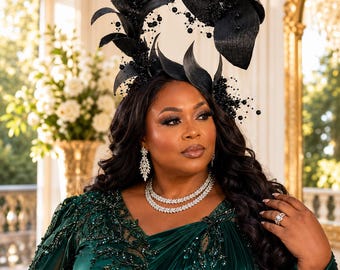 Black Couture Fascinator Hat: Sculpted Sinamay Statement Headpiece Beads for Derby, Weddings, Ascot Style