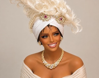 Luxury Ivory Feather Turban Headpiece | Couture Bridal Headwrap | Elegant Women’s Occasion Headwear