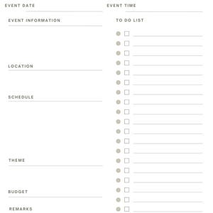 May include: A black and white printable event planner with sections for event date, event information, location, schedule, theme, budget, and remarks. There is a to-do list with checkboxes and a section for event time. The bottom of the page has icons for to start, ok, delay, stuck, and cancel.