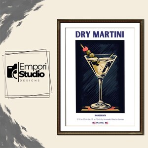 Dry Martini Cocktail Print. Classic Alcohol Cocktail. Retro Cocktail Exhibition Poster. Home Bar Cart Decor. Dry Martini Cocktail Printable