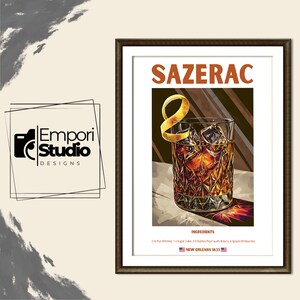 Sazerac Cocktail Print. Classic Alcohol Cocktail Sign. Home Bar Cart Decor. Retro Cocktail Exhibition Drink Poster. Mixology Gift Recipe Art