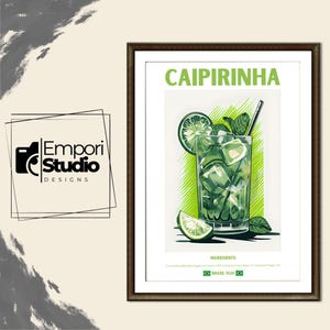 Caipirinha Cocktail Print. Classic Alcohol Cocktail. Retro Cocktail. Exhibition Drink Poster. Home Bar Cart Decor. Recipe Mixology Gift.