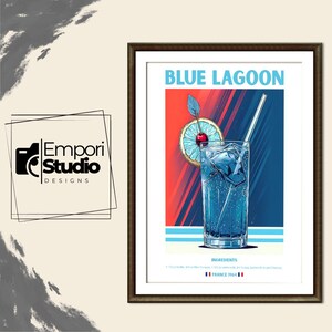 Blue Lagoon Cocktail Print. Classic Alcohol Cocktail. Retro Cocktail. Exhibition Drink Poster. Home Bar Cart Decor. Recipe Mixology Gift.