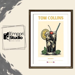 Tom Collins Cocktail Print. Classic Alcohol Cocktail. Retro Cocktail. Drink Art. Exhibition Poster. Home Bar Cart Decor Recipe Mixology Gift