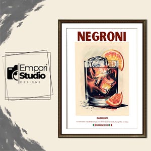 Negroni Cocktail Print. Classic Alcohol Cocktail. Retro Cocktail Exhibition Poster. Home Bar Cart Decor. Negroni Cocktail Printable