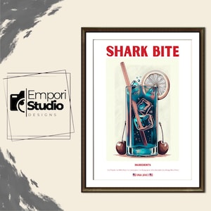 Shark Bite Cocktail Print. Classic Alcohol Cocktail Sign Home Bar Cart Decor Retro Cocktail Exhibition Drink Poster Mixology Gift Recipe Art