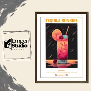 Tequila Sunrise Cocktail Print. Classic Alcohol Cocktail. Retro Cocktail. Exhibition Poster. Home Bar Cart Decor. Recipe Mixology Printable