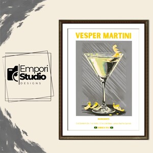 Vesper Martini Cocktail Print. Classic Alcohol Cocktail Sign Home Bar Cart Decor Retro Cocktail Exhibition Drink Poster Recipe Mixology Gift