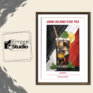 Long Island Iced Tea Cocktail Print. Classic Alcohol Cocktail. Retro Cocktail. Exhibition Drink Poster. Home Bar Cart Decor Recipe Printable
