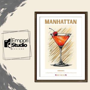 マンハッタンカクテルのプリント。クラシックなアルコールカクテル。レトロなカクテル展示会ポスター、ホームバーカートの装飾、マンハッタンカクテルのレシピ印刷可能