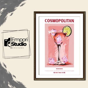 Cosmopolitan Cocktail Print. Classic Alcohol Cocktail. Retro Cocktail Exhibition Poster. Home Bar Cart Decor Cosmopolitan Cocktail Printable