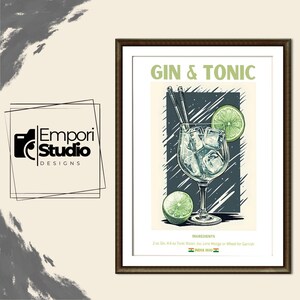 Gin and Tonic Cocktail Print. Classic Alcohol Cocktail. Retro Cocktail Exhibition Poster. Home Bar Cart Decor Gin & Tonic Cocktail Printable