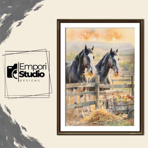 Muurkunst aquarel paard | Appelkarpaard | Boerderijdecoratie | Rustieke paardenprint | Landdierenkunst | Paarden eten| Paarden in een veld