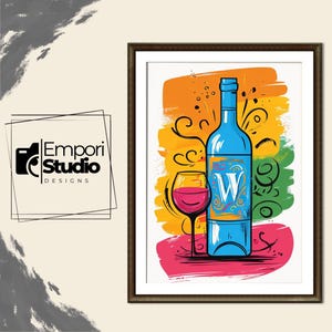 Wine Bottle and Glass Art Print | Bar Cart Decor l Painting Gift for Wine Lovers | Trendy Minimalist Elegant Kitchen Wall Art | Alcohol Art