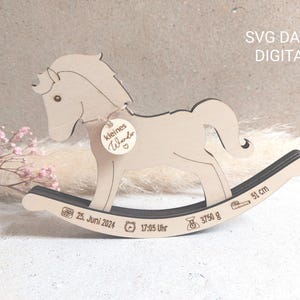 SVG corte láser regalo de nacimiento l bebé l feliz cumpleaños l nacimiento l caballo mecedor l archivo láser archivo cortado por láser incl.